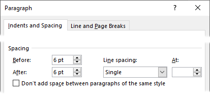 Microsoft Word Paragraph dialog - Indents and Spacing tab